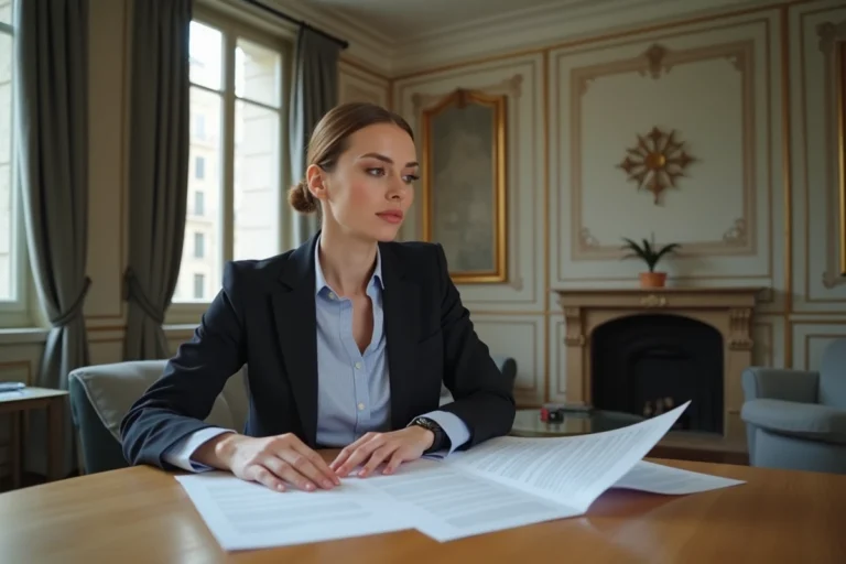 Femme professionnelle examinant des documents immobiliers dans un appartement parisien