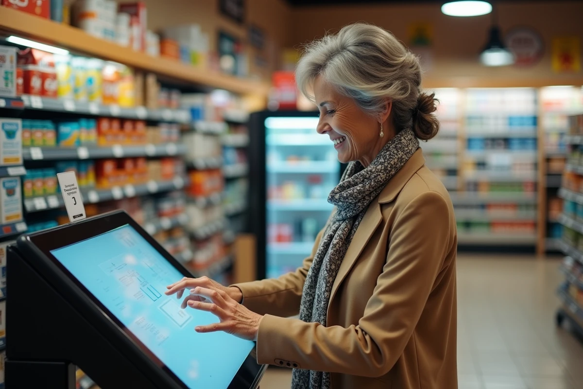 Femme souriante utilisant un kiosque dans un magasin