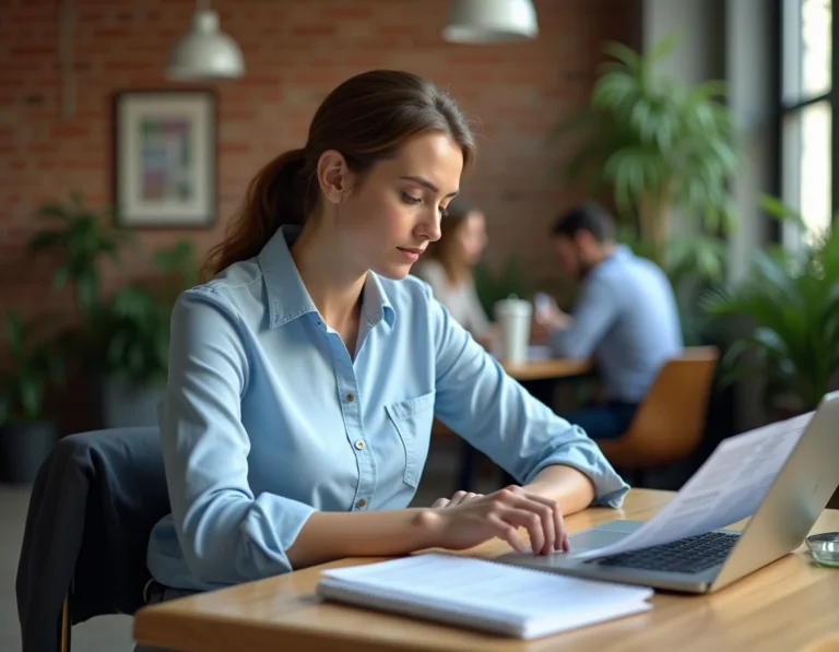 Femme cherchant un emploi sur ordinateur portable dans un espace de coworking moderne