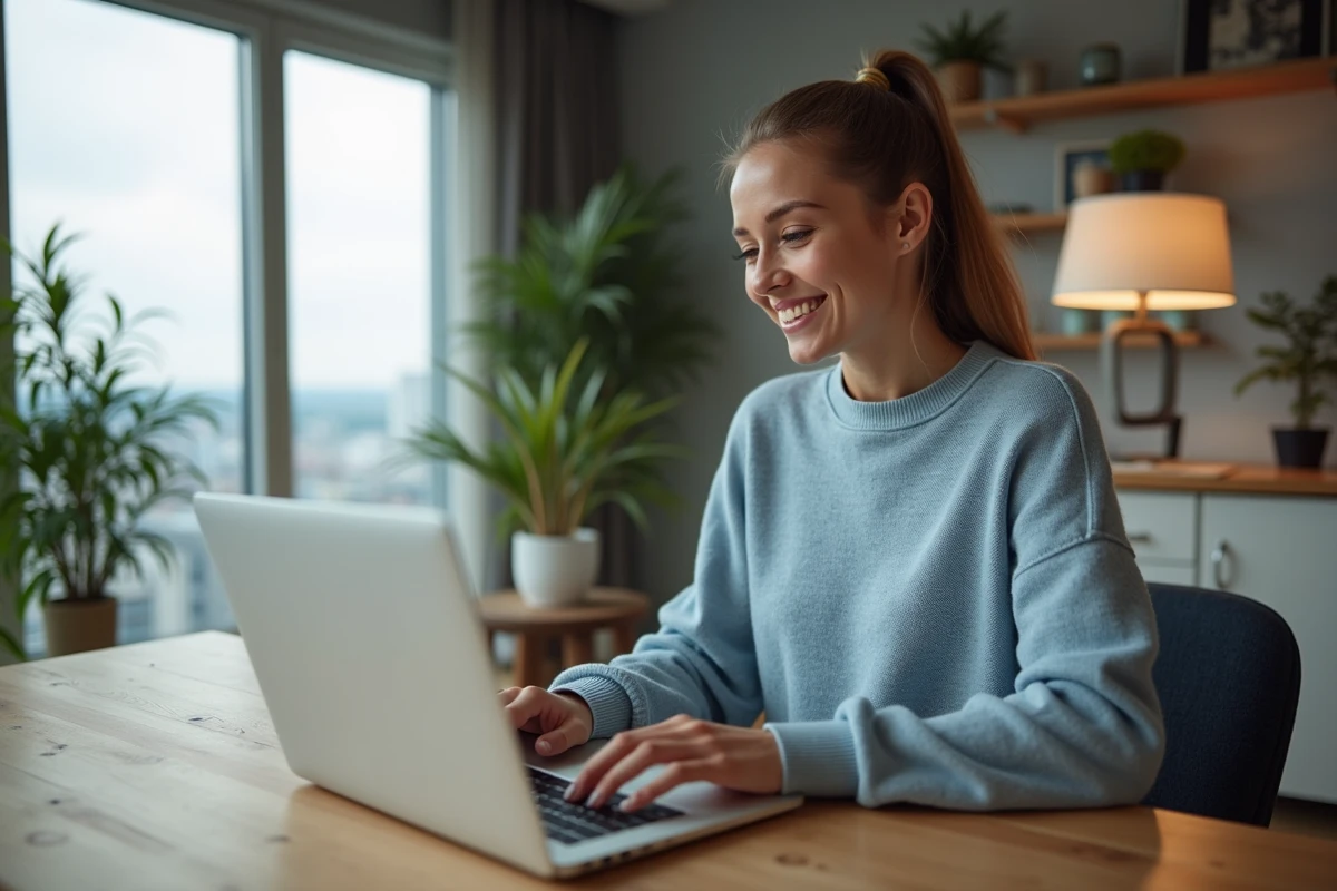 Jeune femme souriante explore un site immobilier chez elle