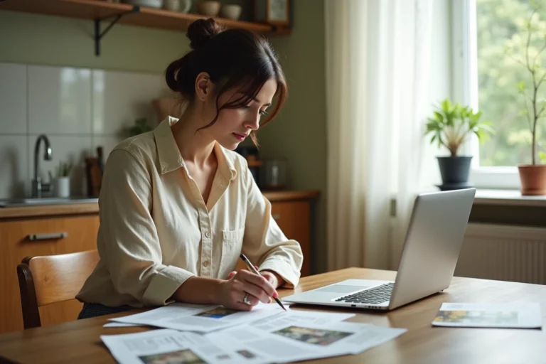 Femme comparant des annonces de location d'appartement sur un ordinateur portable avec des documents imprimés sur une table en bois