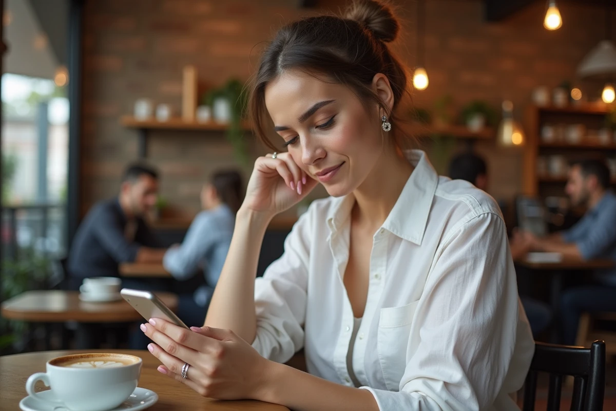 Femme consultant son smartphone pour trouver la nouvelle URL d'un site web inaccessible