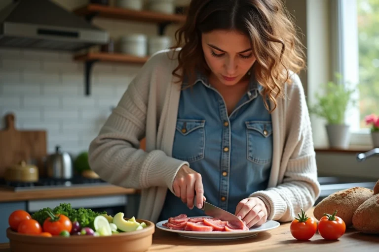 Femme en cuisine tranchant de la saucisse de couenne