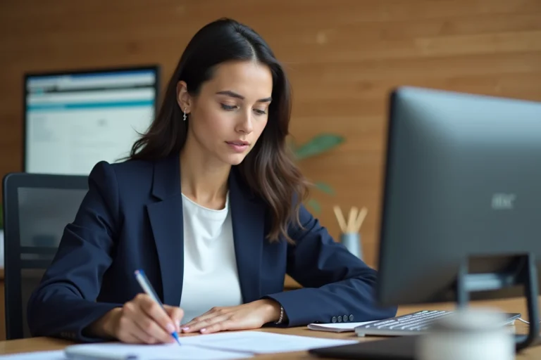 Femme en bureau moderne remplissant des papiers