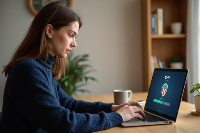 Femme utilisant un VPN sur son ordinateur portable dans un bureau à domicile pour protéger sa vie privée en ligne