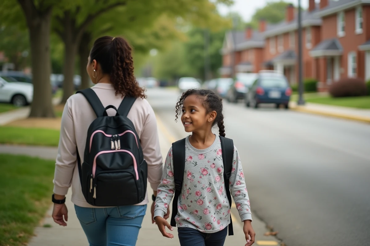 Fille de 9 ans marche avec sa mère dans le quartier