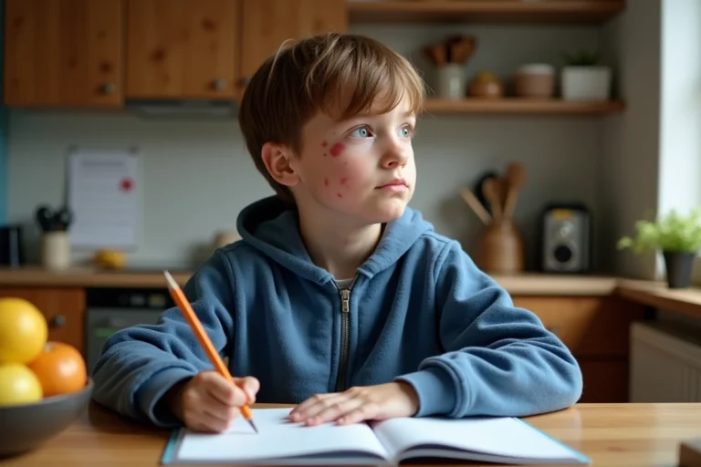Garçon de 7 ans assis à la table avec livres et crayon