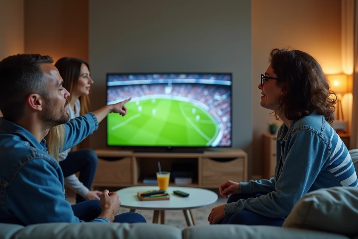 Groupe d'amis tentant d'accéder à un site de streaming sportif bloqué sur leur télévision connectée