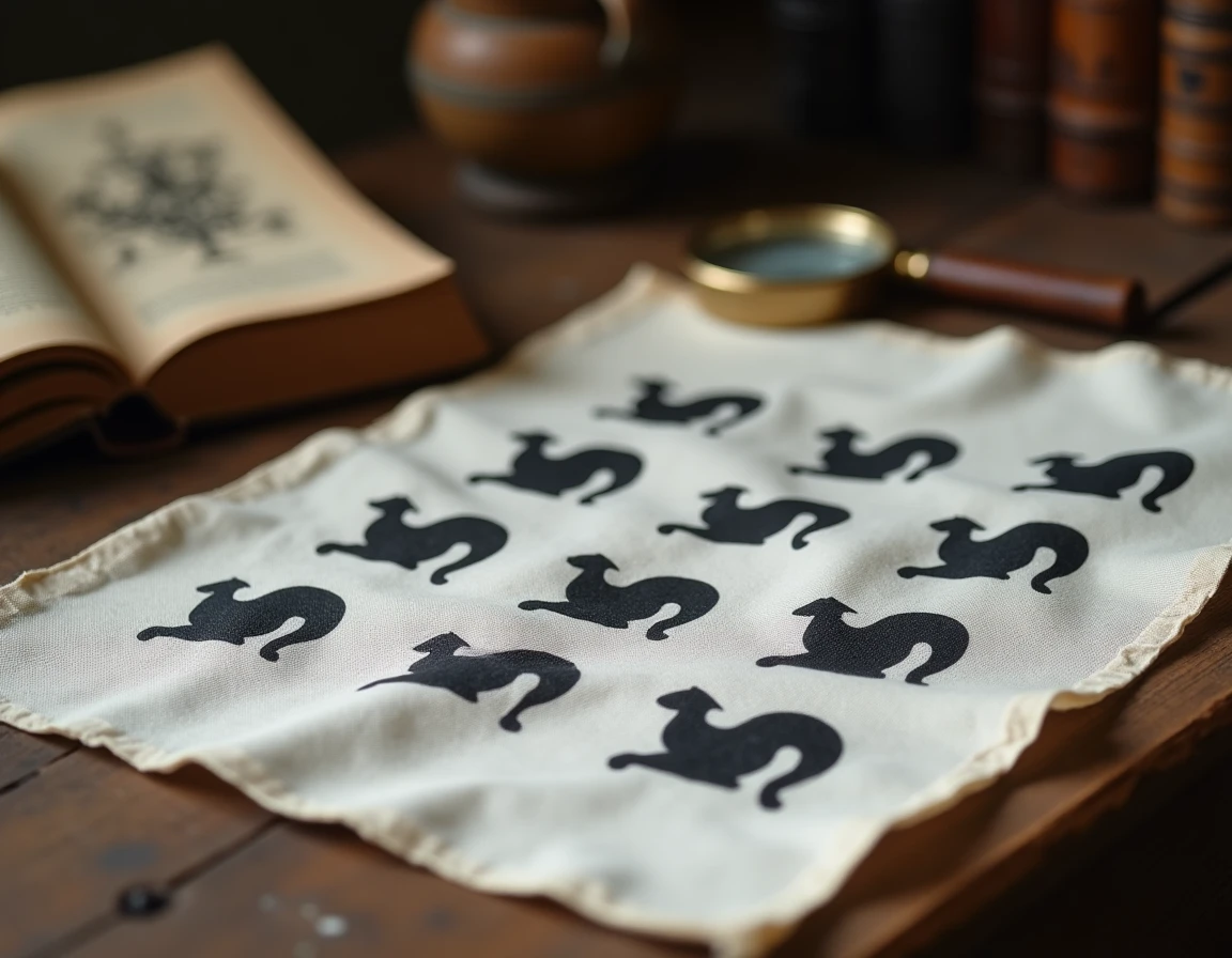 Gros plan sur les hermines du drapeau breton posé sur une table en bois avec un livre héraldique ancien et une loupe