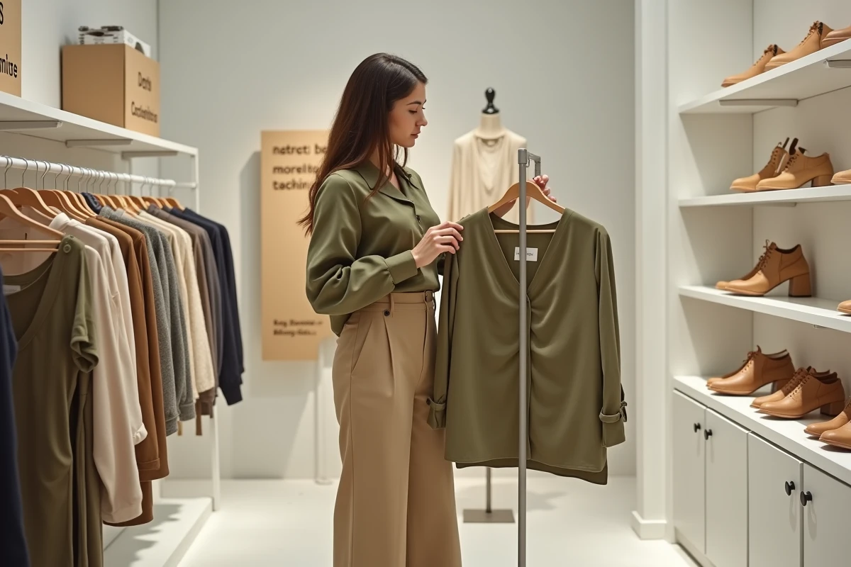 Femme consultant des vêtements éco-responsables dans un magasin H&M avec signalétique développement durable et bacs de collecte textile