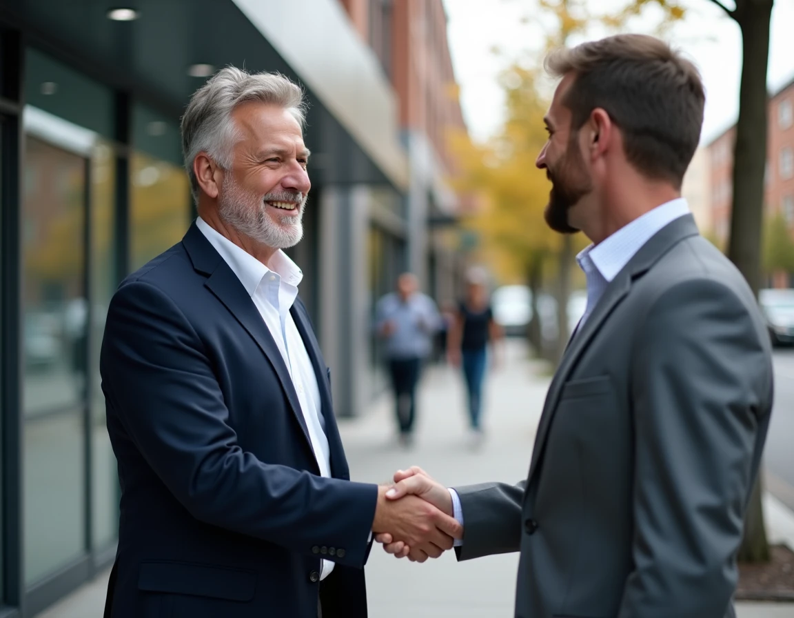 Homme en entretien avec un conseiller emploi devant une agence régionale