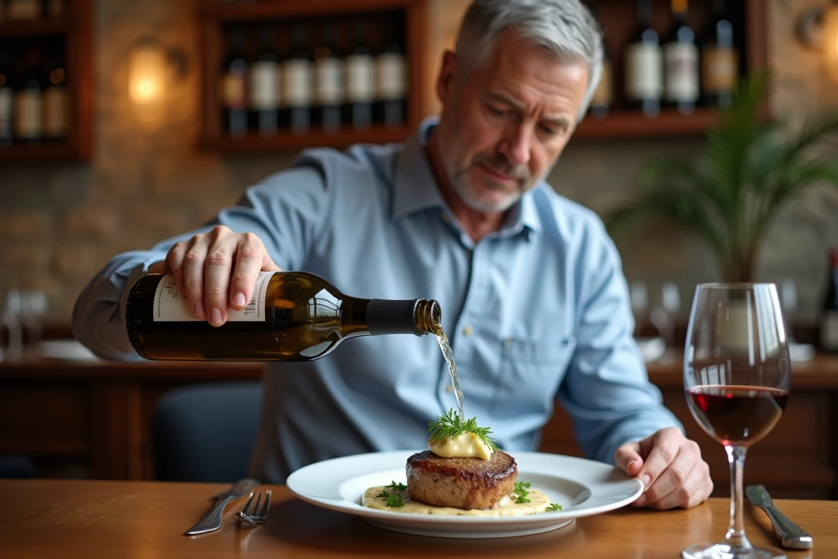 Homme versant du vin avec un filet mignon au roquefort