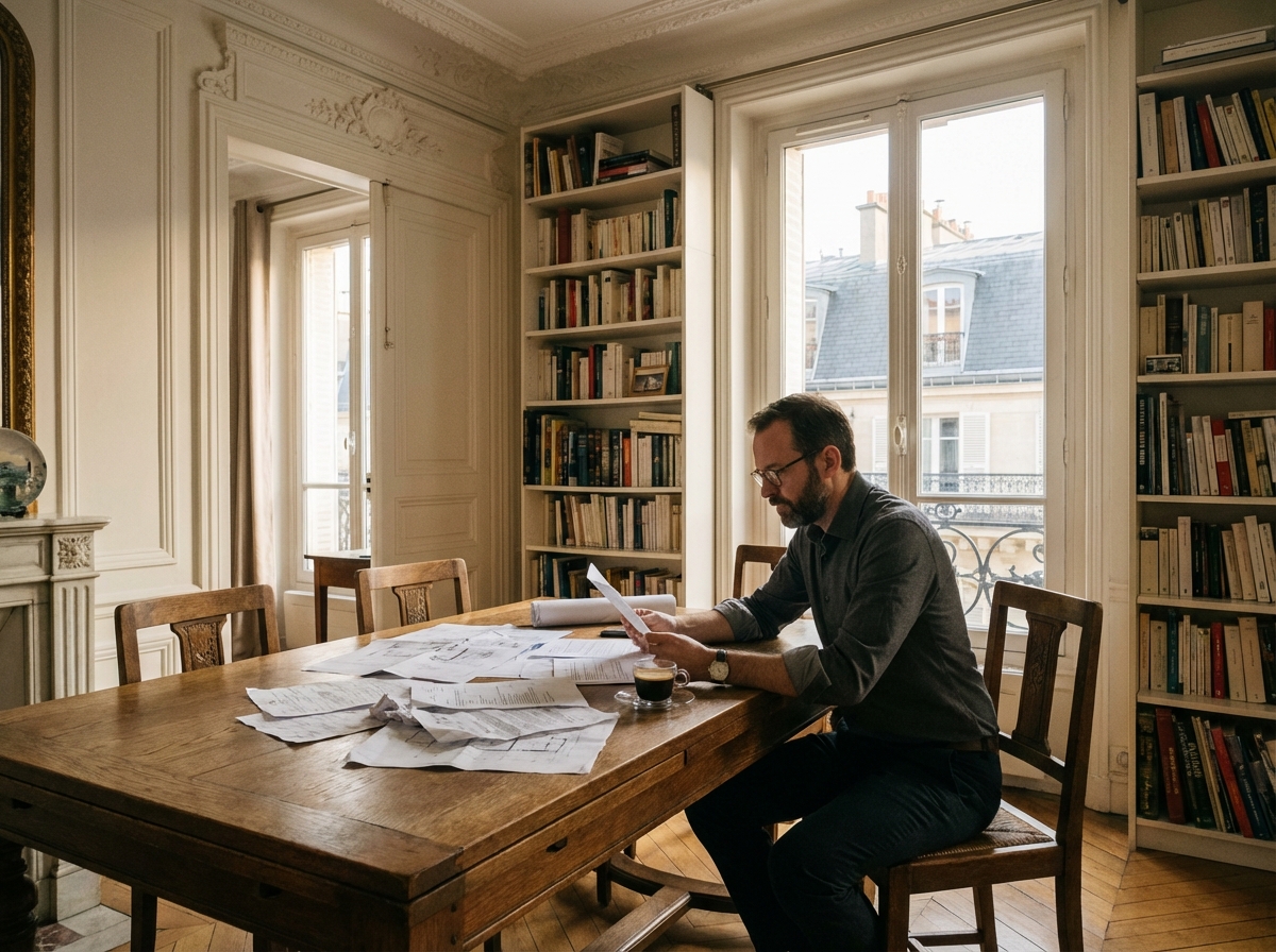 Homme en chemise examinant des documents dans un appartement parisien