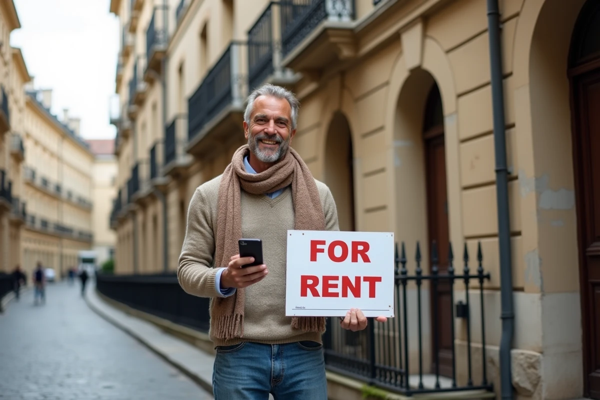 Homme souriant tenant une pancarte a louer devant une maison ancienne