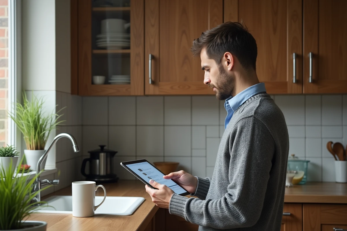 Homme parcourant le plan de navigation d'un site web sur une tablette dans une cuisine moderne