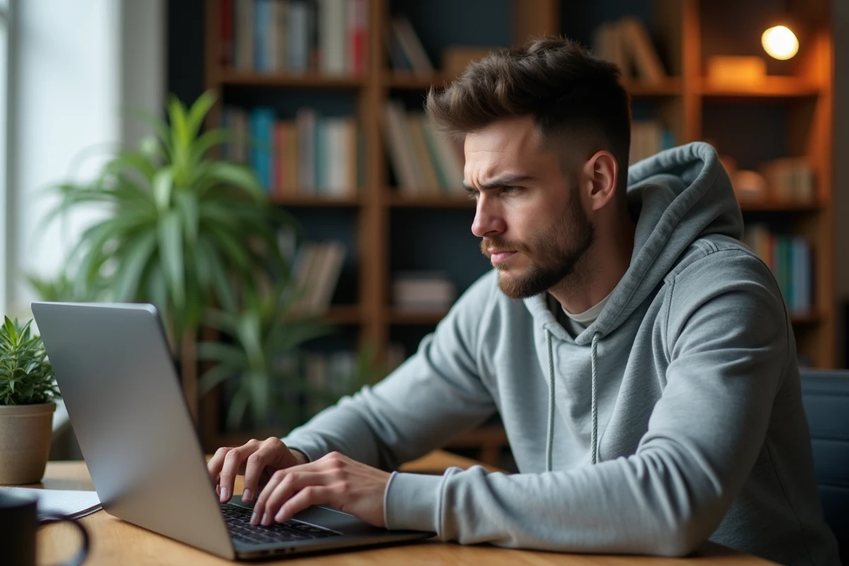 Homme cherchant la nouvelle adresse d'un site indisponible sur son ordinateur portable