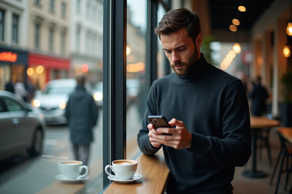 Homme découvrant des révélations surprenantes sur PinkGeek via son smartphone dans un café urbain