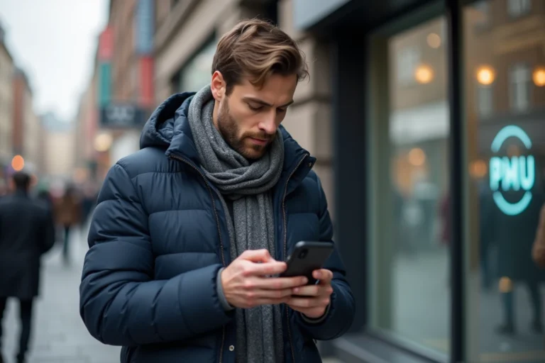 Homme en ville regardant son smartphone dans la rue