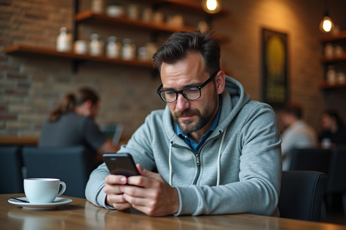 Homme utilisant une application VPN sur smartphone dans un café public pour sécuriser sa connexion Wi-Fi