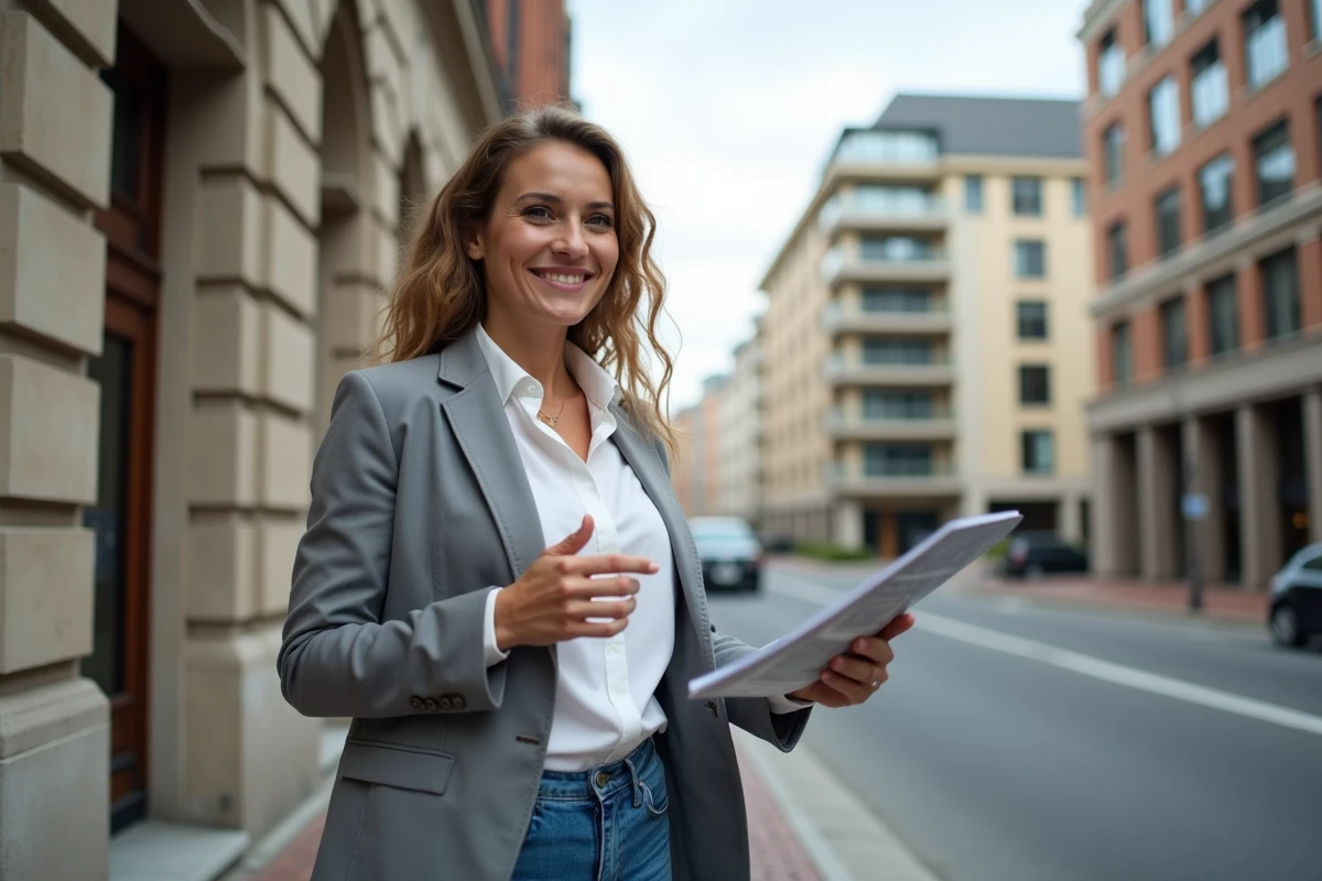 Jeune femme en ville avec brochure immobiliere et bâtiments anciens