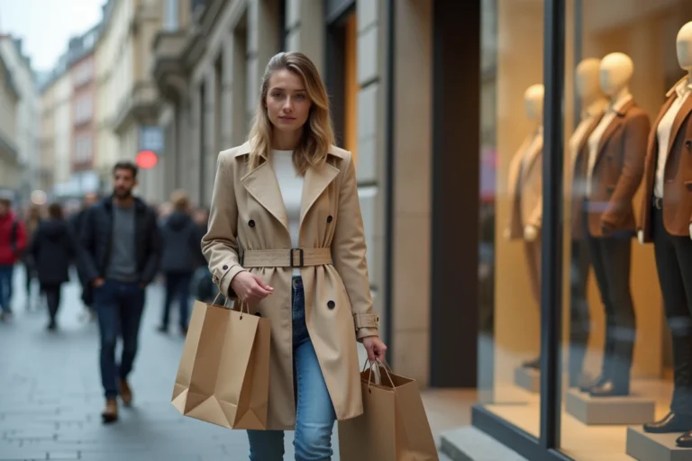Jeune femme avec sac à provisions dans rue commerçante
