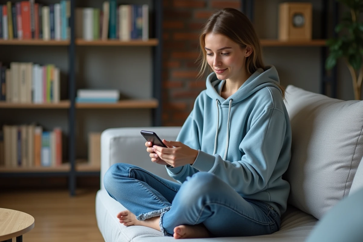 Jeune femme explorant le sitemap d'un site internet sur smartphone dans un salon confortable