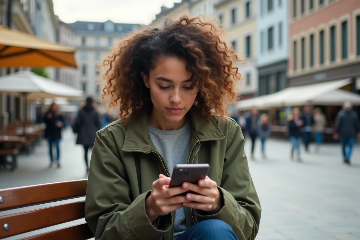 Jeune femme consultant les dernières informations et tendances sur son smartphone dans un espace urbain animé