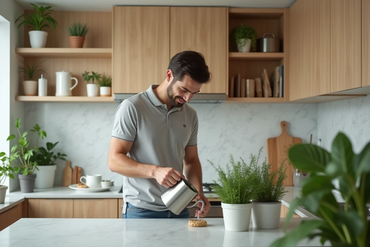 Jeune homme arrosant des plantes dans une cuisine contemporaine
