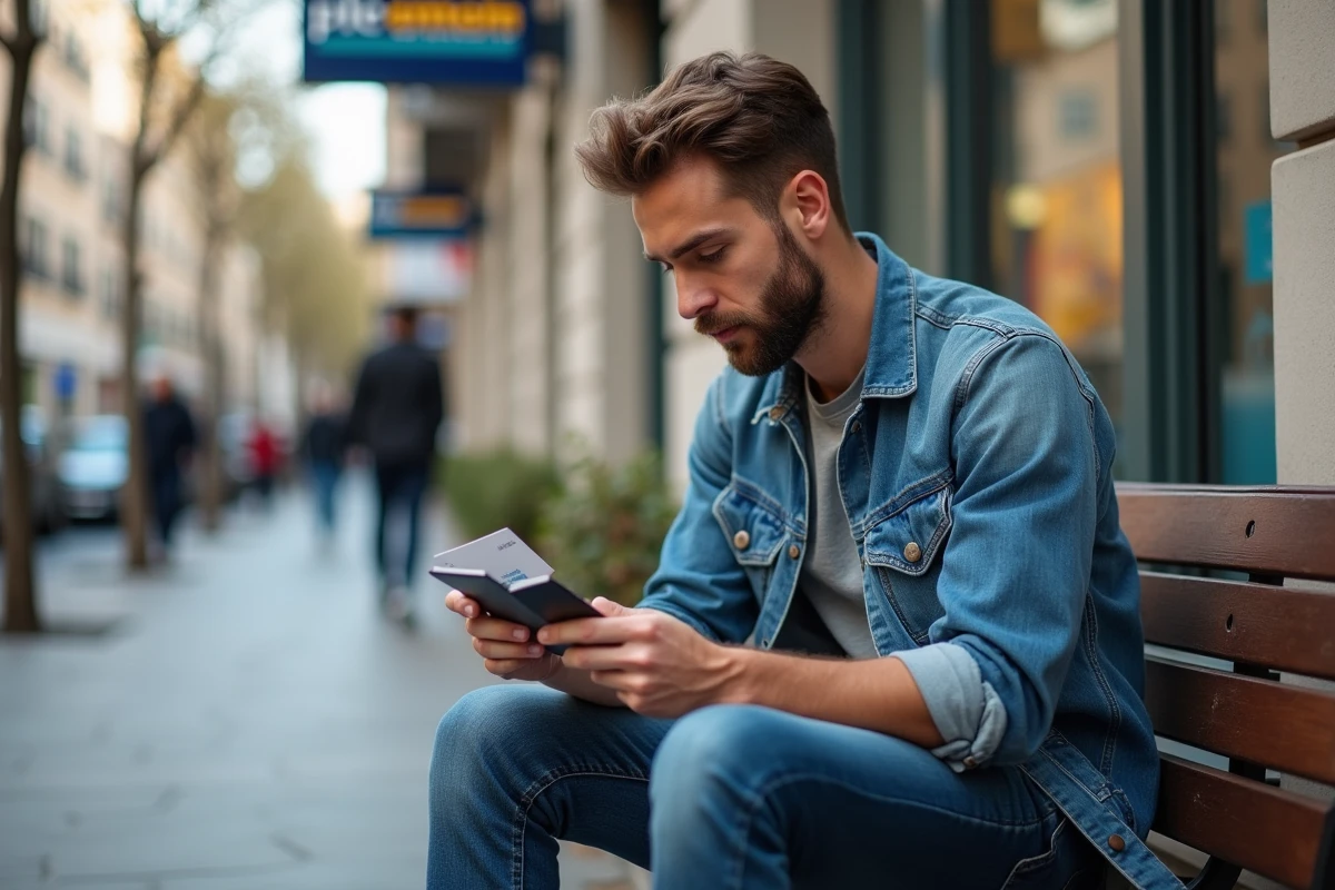 Jeune homme regardant une carte de visite dans un environnement urbain