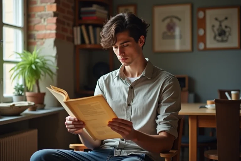 Jeune homme français relisant un script dans un appartement parisien