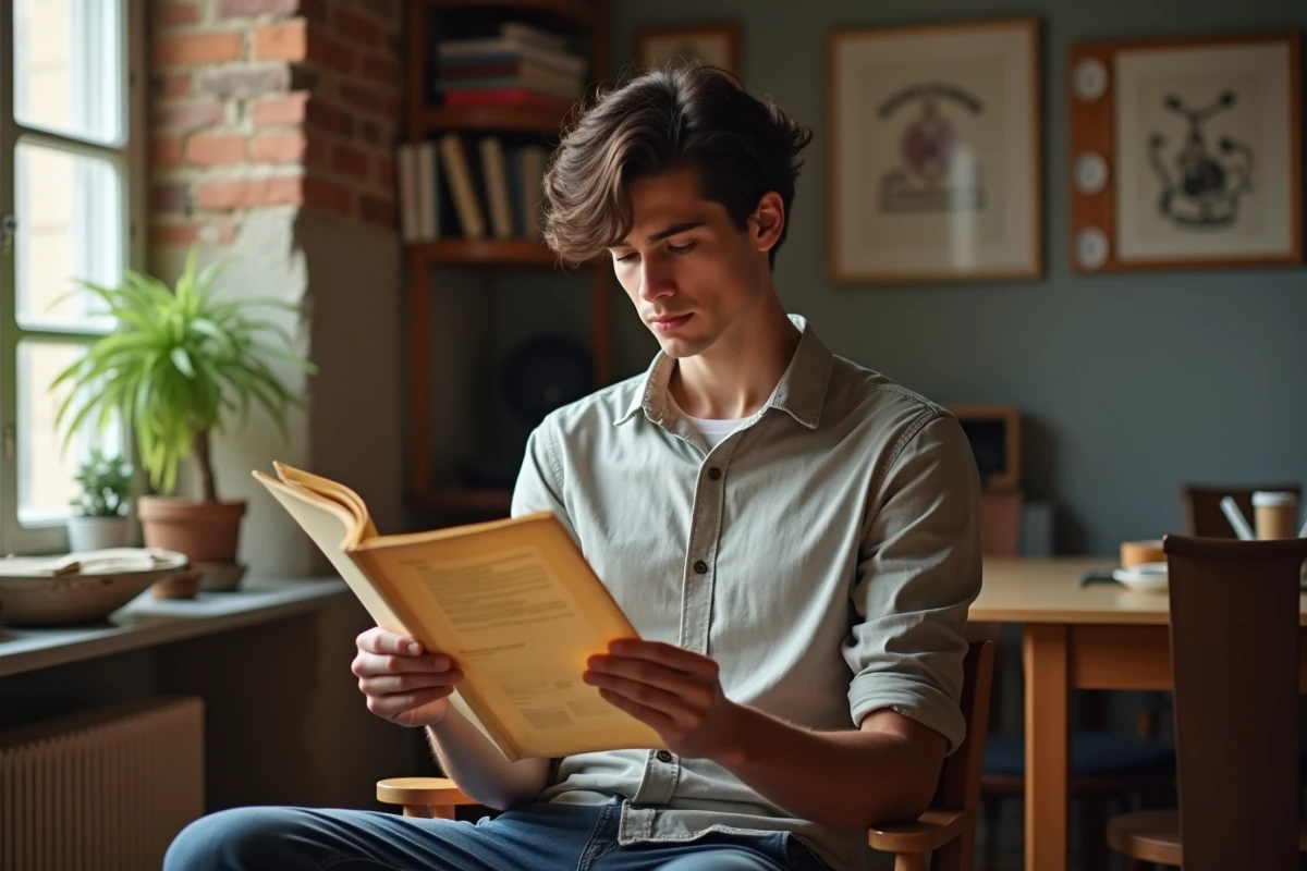 Jeune homme français relisant un script dans un appartement parisien