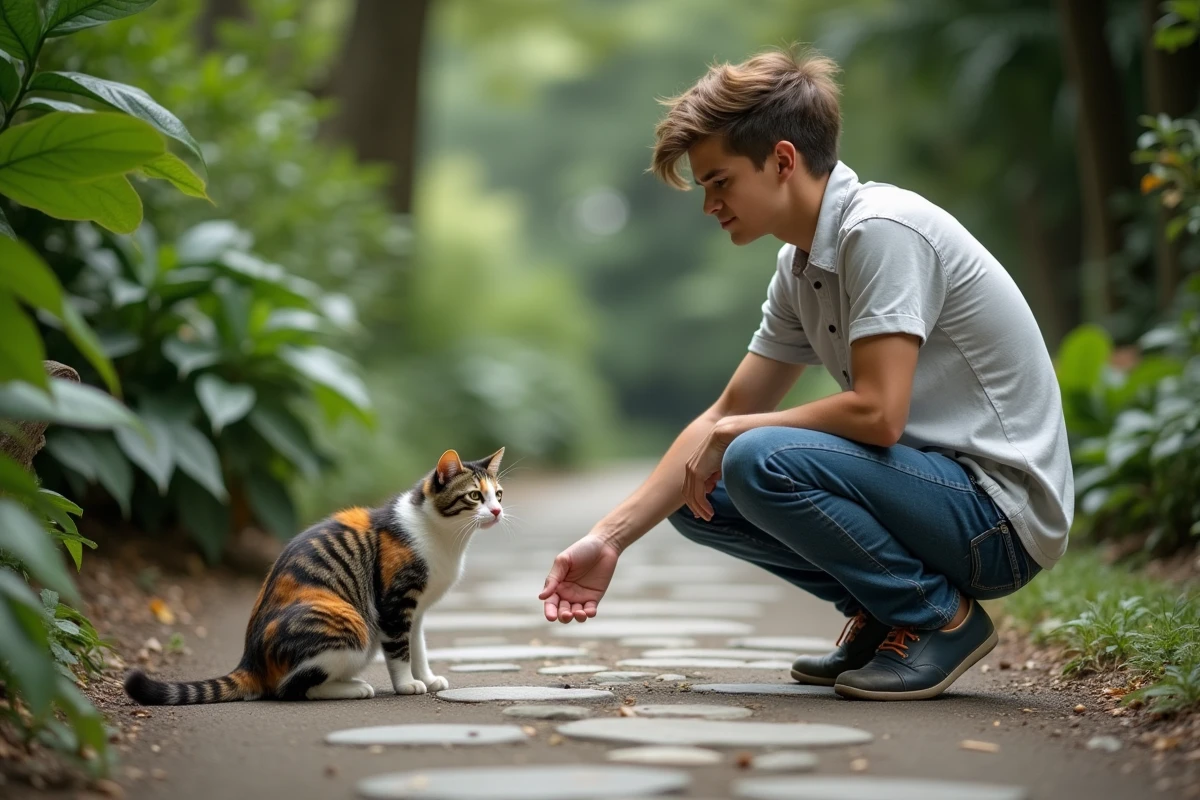 Jeune homme dans un jardin contemplant un chat calico