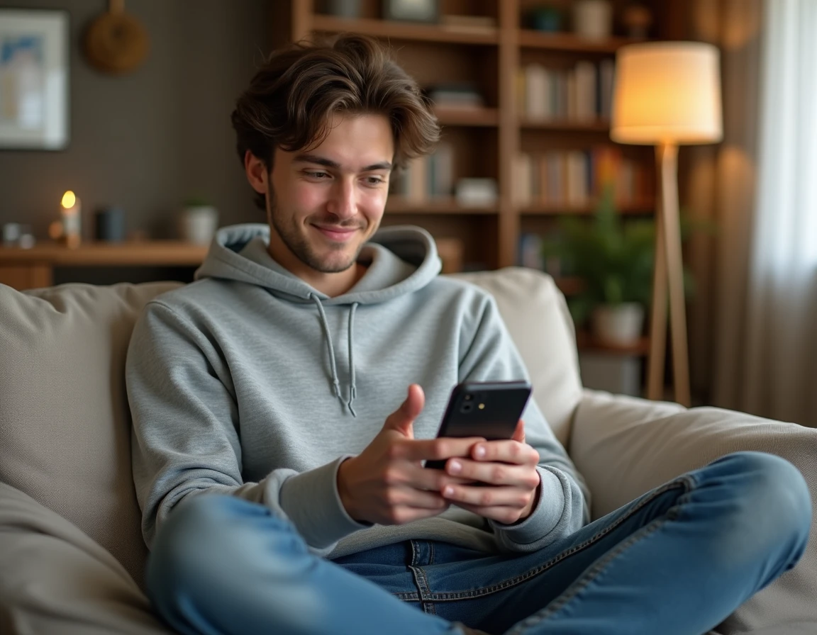Jeune adulte recherchant un emploi sur smartphone depuis son domicile