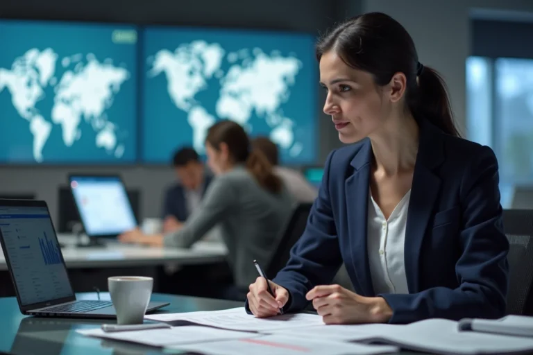 Journaliste femme concentrée dans une salle de rédaction moderne suivant les dernières actualités en temps réel