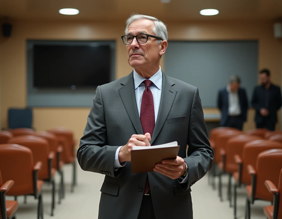 Journaliste sportif dans une salle de presse lors d'une conférence de presse, carnet à la main et regard pensif