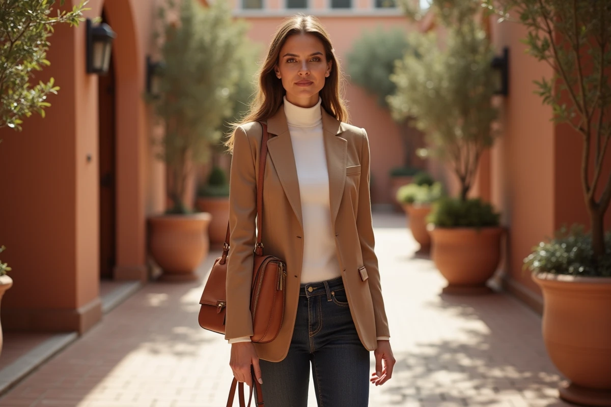 Femme élégante en blazer camel Mango avec sac en cuir structuré, dans un décor méditerranéen aux murs en terre cuite