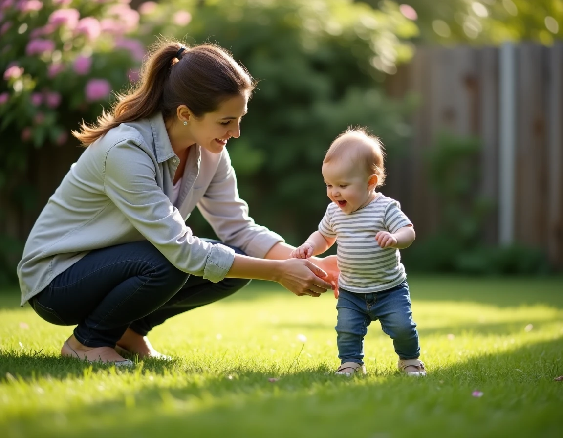 Mère encourageant son bébé à faire ses premiers pas dans le jardin, moment de complicité en extérieur