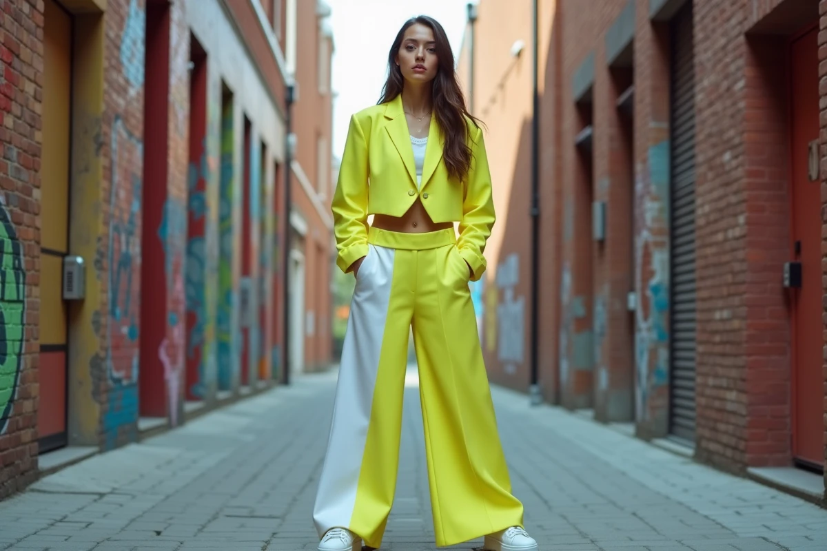 Jeune femme portant un ensemble coordonné tendance coloré typique de la mode ultra-accessible Missguided, dans une ruelle urbaine