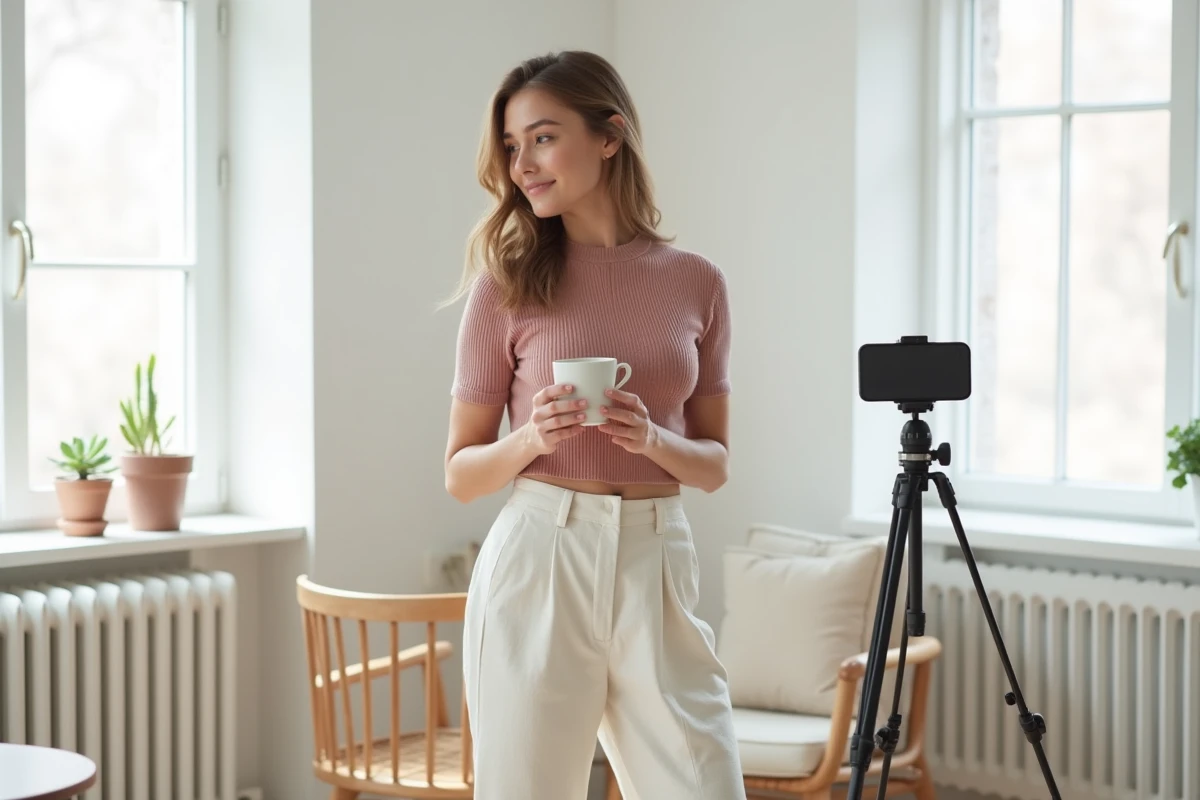 Femme scandinave en tenue NA-KD minimaliste rose et blanc cassé dans un intérieur nordique épuré, posant pour les réseaux sociaux