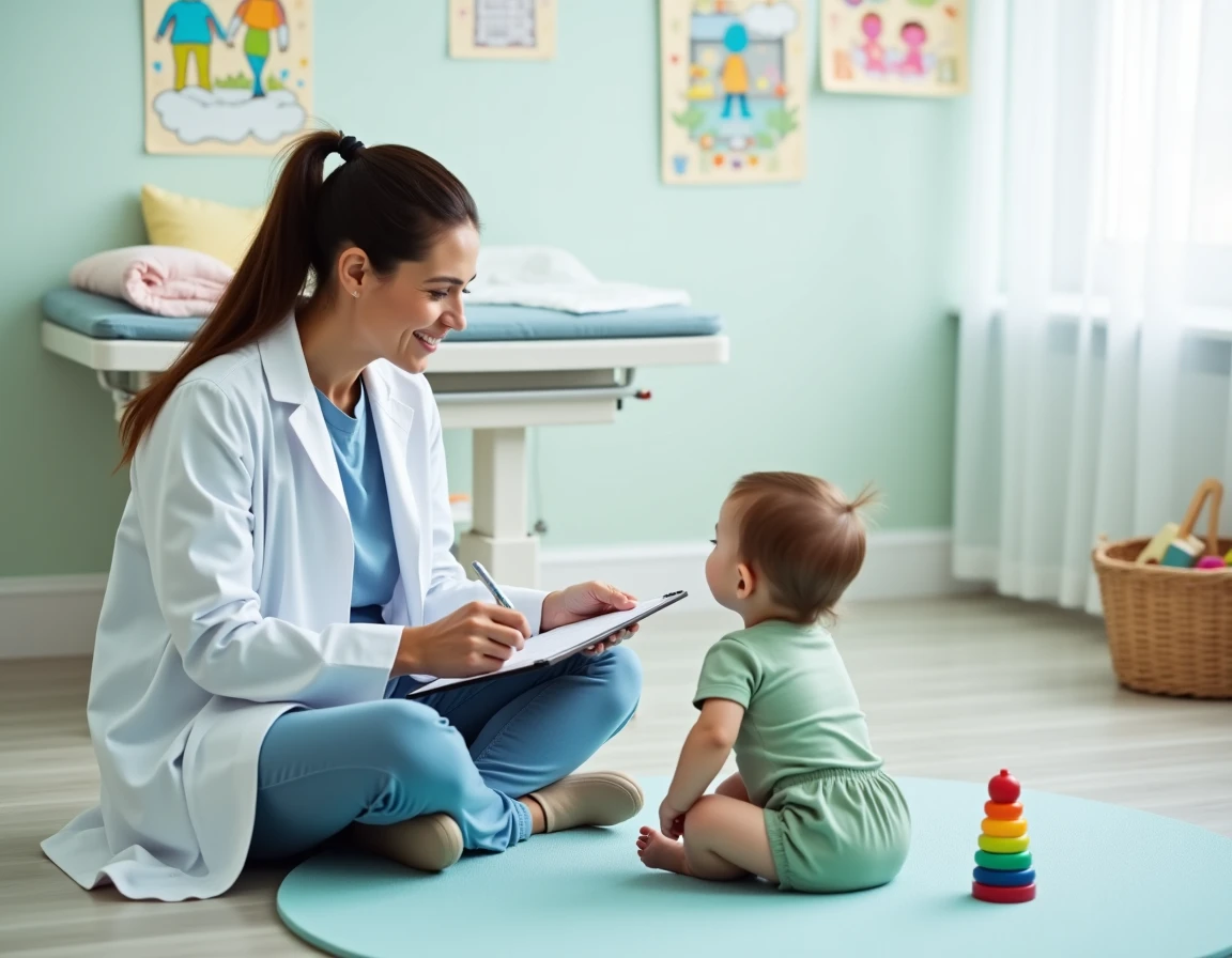 Pédiatre observant un bébé de 16 mois ramper lors d'une consultation de développement moteur