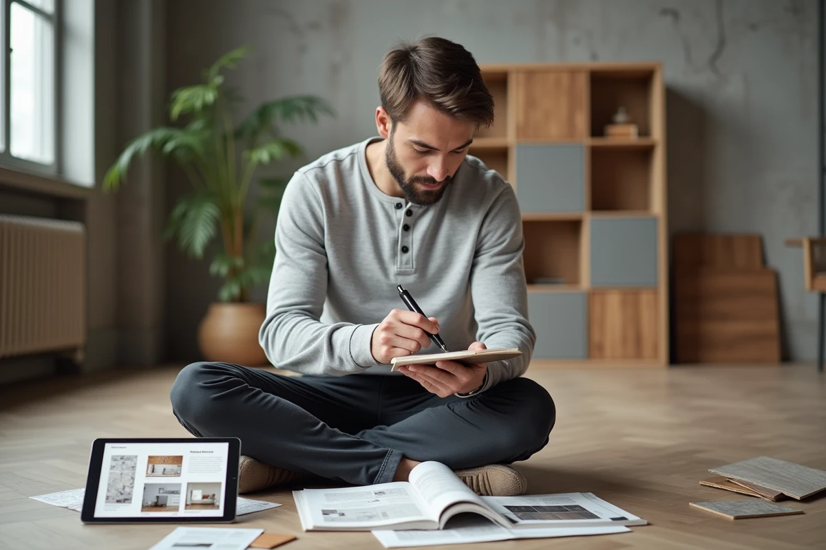 Homme planifiant l'aménagement de son appartement entouré d'échantillons de matériaux et brochures