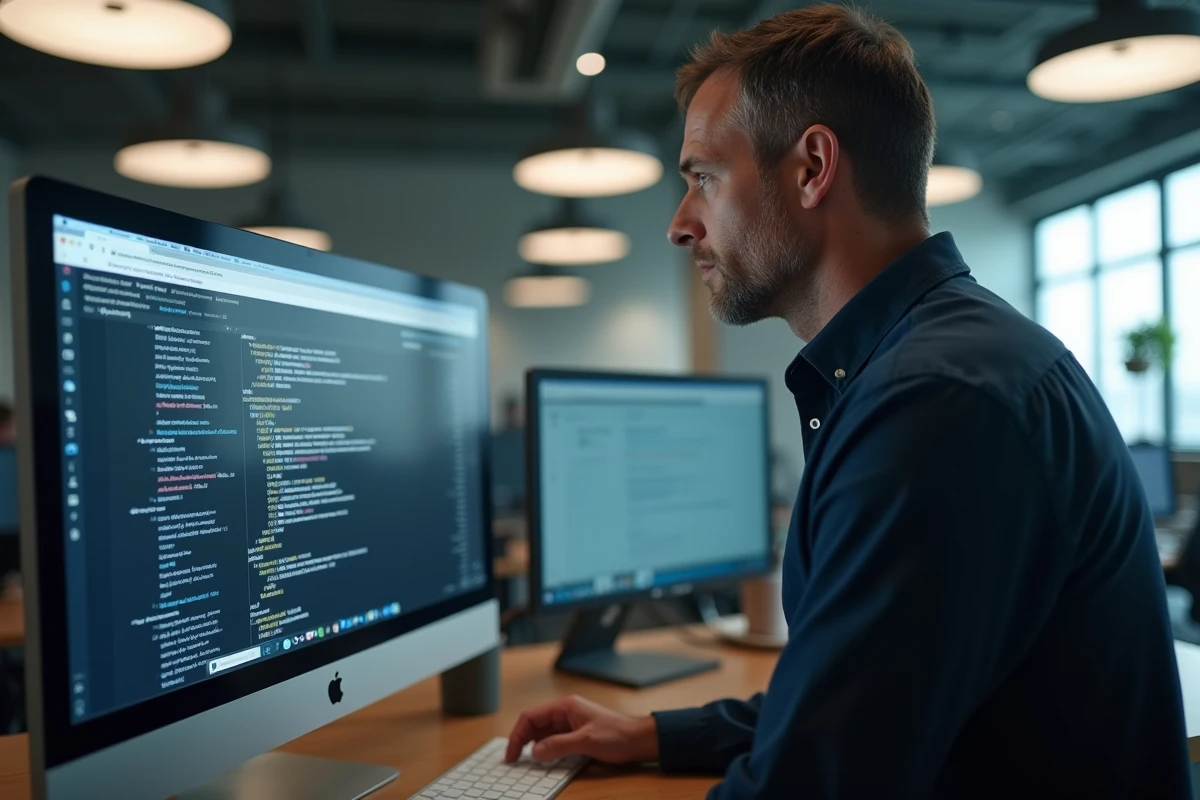 Professionnel face à un écran d'erreur tentant de retrouver l'adresse d'un site web indisponible