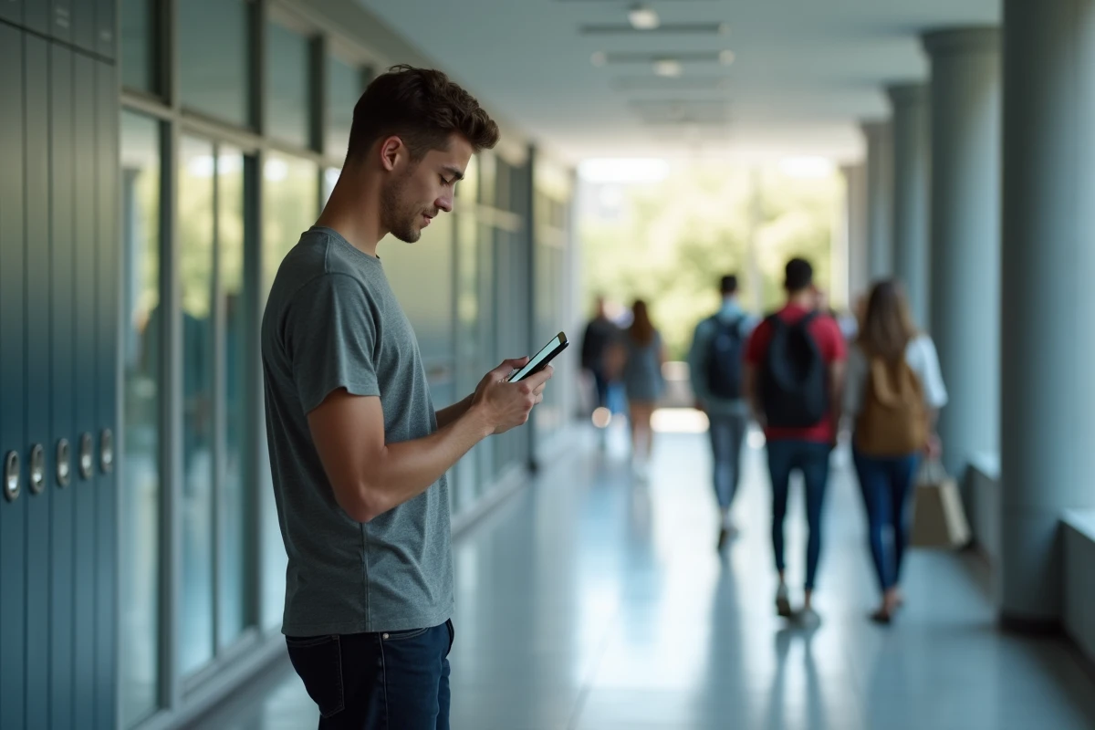 Étudiant réinitialisant son mot de passe de compte e-campus depuis son smartphone dans un couloir universitaire