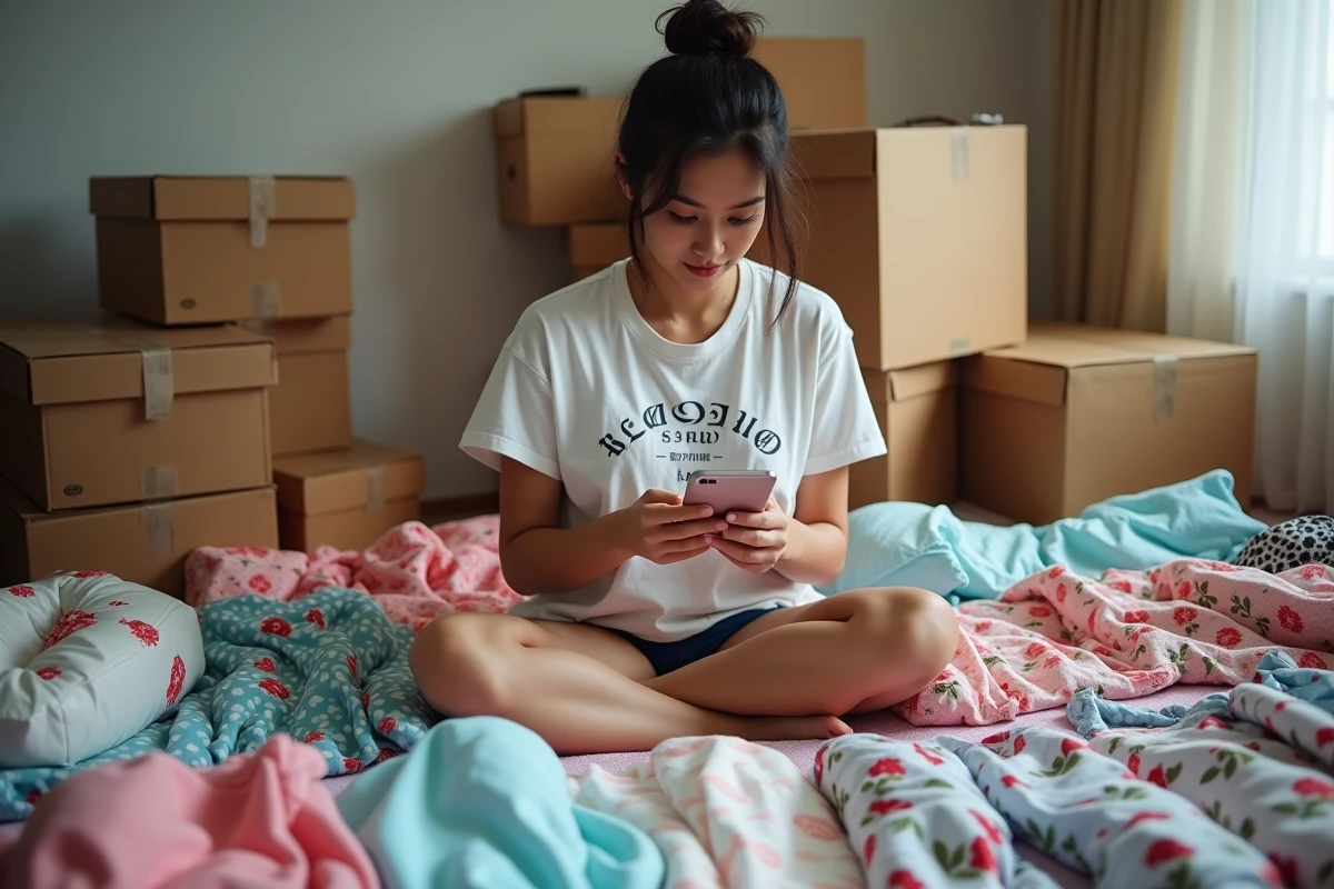 Jeune femme déballant une commande volumineuse de vêtements Shein livrée en nombreux colis dans sa chambre