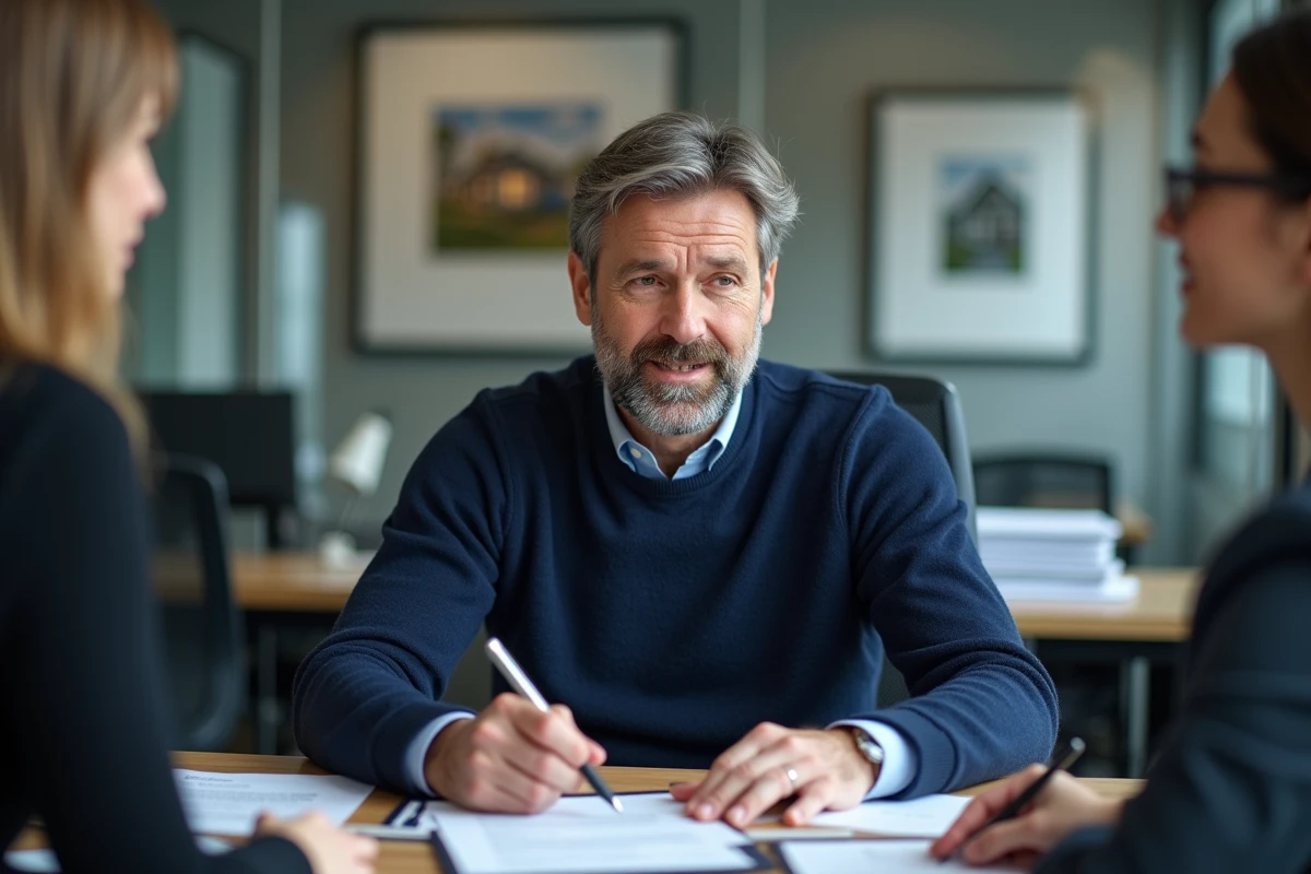Homme signant un contrat de location dans une agence immobilière avec un conseiller professionnel