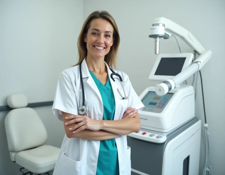 Spécialiste en laser anti-addictions posant à côté d'un appareil laser médical dans une salle de soins professionnelle