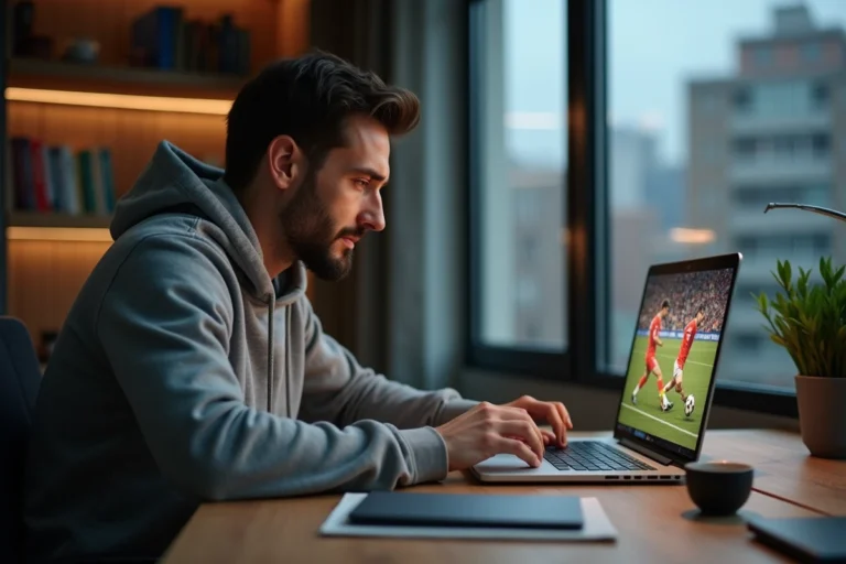 Homme regardant un match de football en streaming sur son ordinateur portable depuis son bureau à domicile