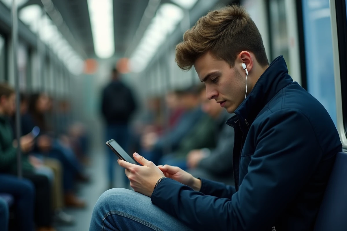 Jeune homme consultant un site de streaming de football sur smartphone dans les transports en commun