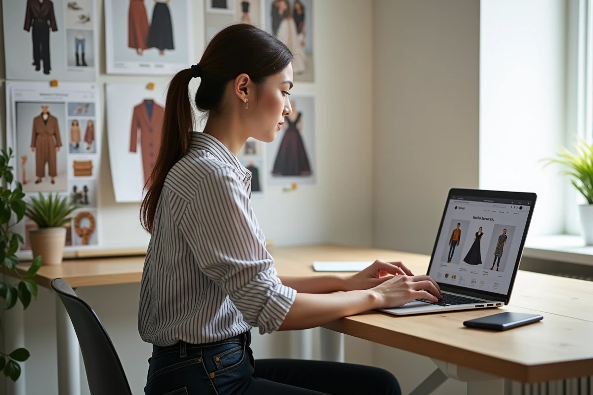 Femme naviguant sur un site agrégateur de mode type Stylight sur ordinateur portable, entourée de lookbooks et d'un moodboard