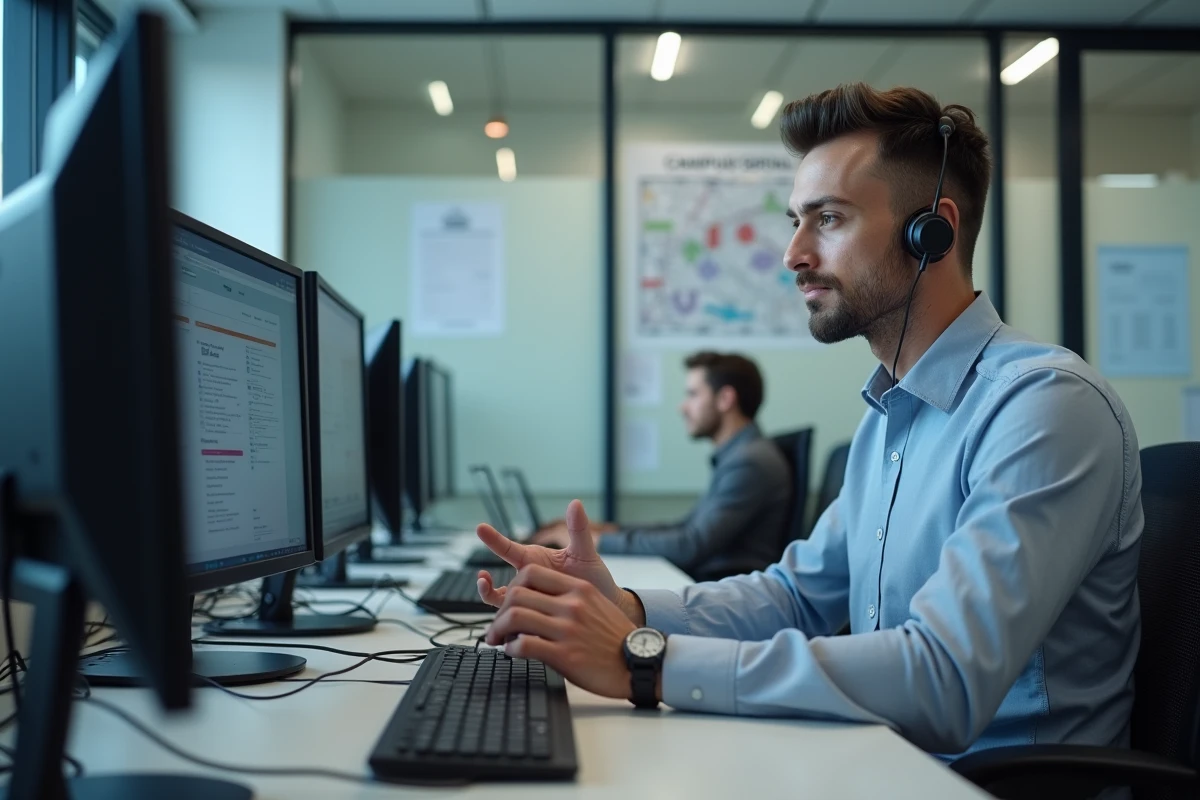 Agent du support informatique universitaire aidant un étudiant avec un problème de connexion e-campus